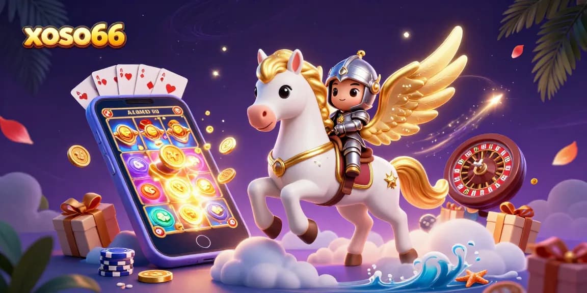 Experience thrilling wins with xoso66 as the celestial horse and knight race through a magical casino scene