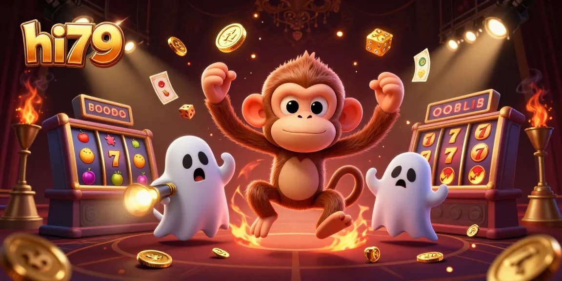 Engaging hi79 casino atmosphere with a poltergeist monkey juggling gambling icons and a curious ghost-hunter puppy.