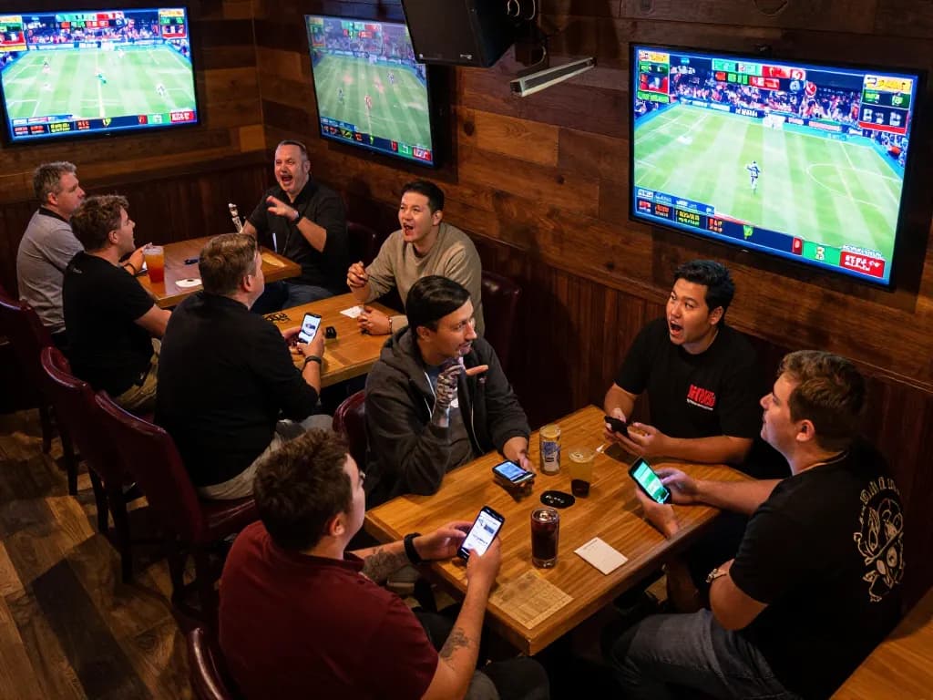 XX88 bettors placing wagers while enjoying a live sports event in a lively bar setting.