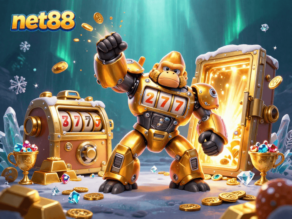 Win big with net88 in this vibrant 3D casino-themed illustration featuring a mech and treasures.