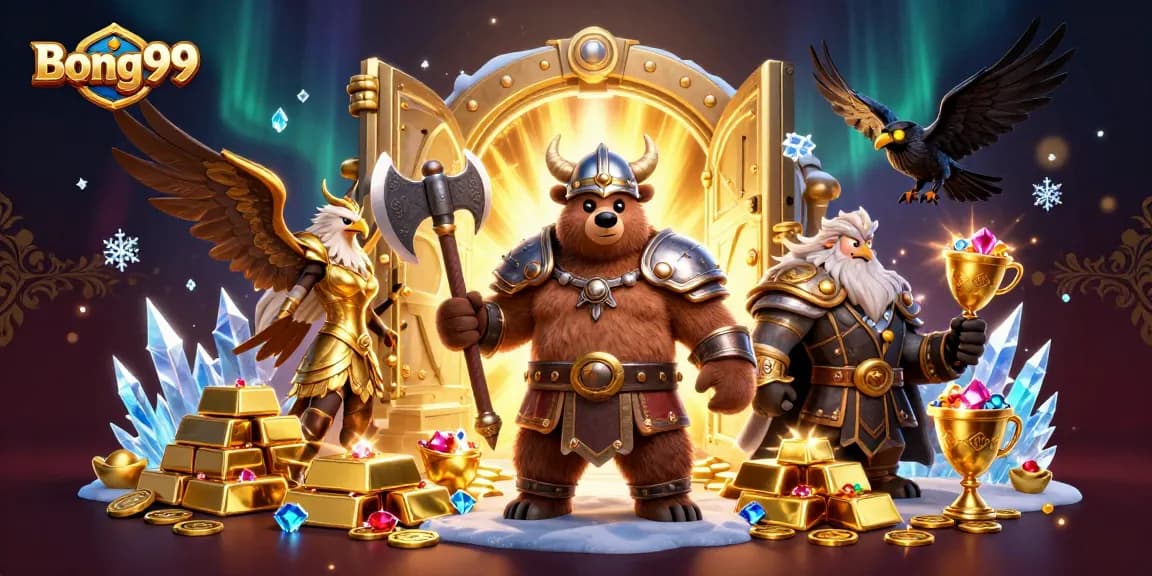 Bong99 captures a 3D Viking bear and Valkyrie with treasures in an exhilarating casino scene.
