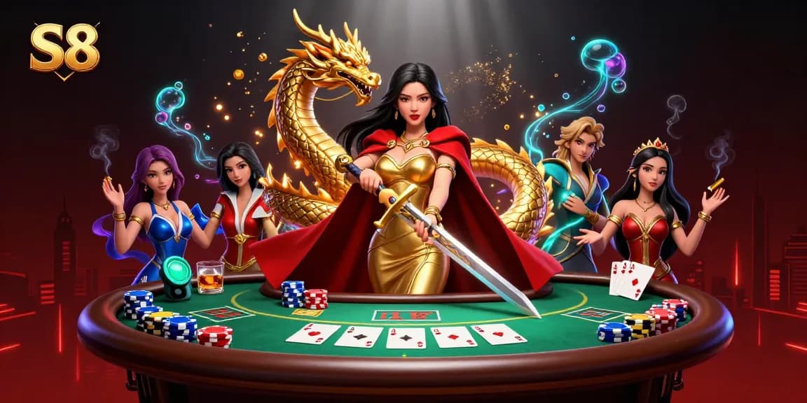 Experience thrilling poker action with S8 at this luxurious casino scene featuring a warrior queen and golden dragon.