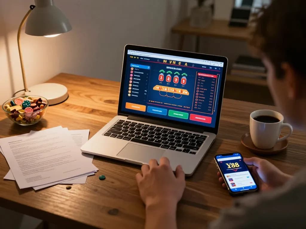 Player engaging in LV88 online casino poker game, showcasing strategic notes and a mobile app on the table.