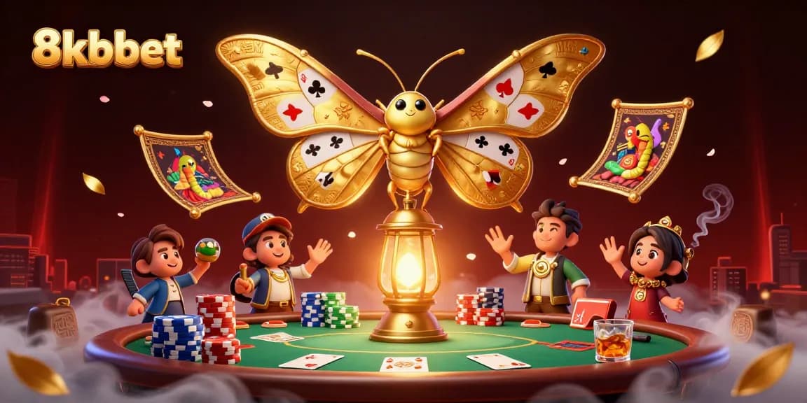 8xbet engages players with an exciting casino atmosphere featuring a golden atlas moth and poker elements.