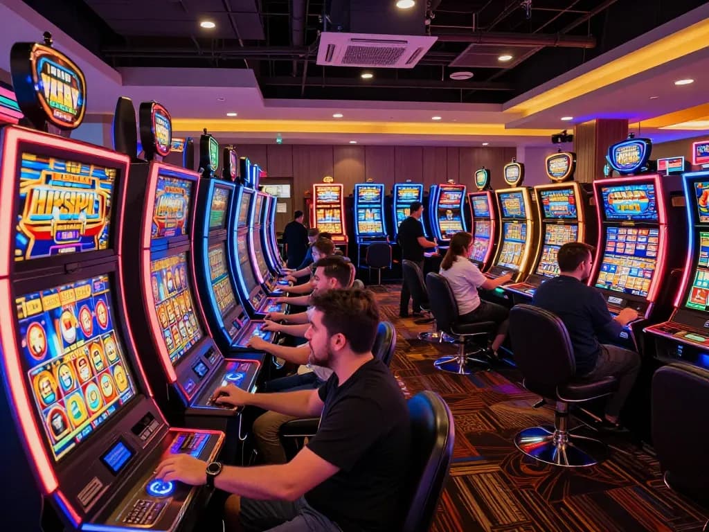 Players enjoying slot88 games at a lively casino, engaging with colorful machines for an exciting gaming experience.