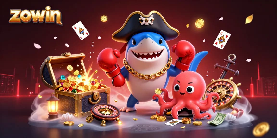 Zowin showcases an engaging underwater scene with a pirate shark, pufferfish, and octopus, celebrating winning moments.