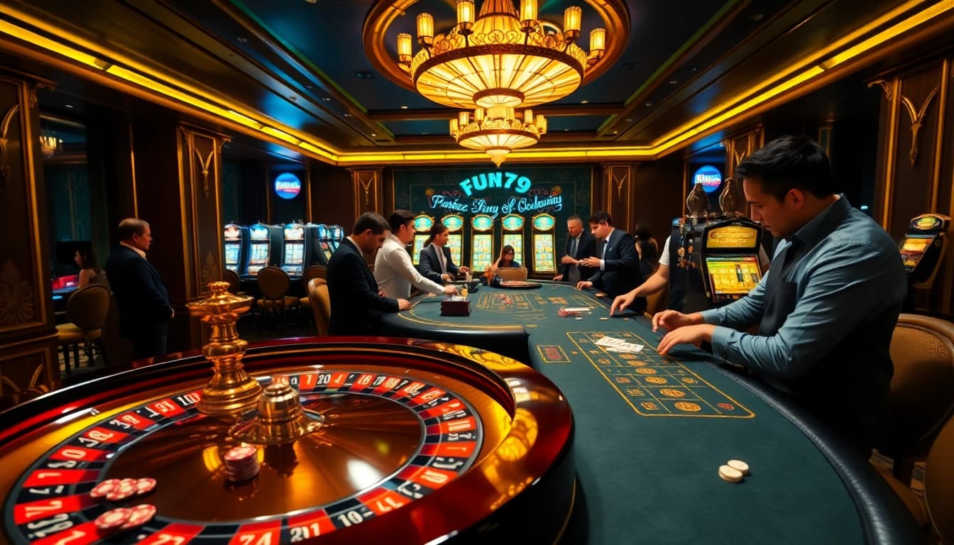 Players enjoying thrilling games at a vibrant fun79 casino, featuring roulette and blackjack tables.