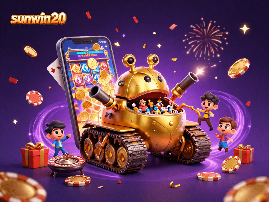Engage in thrilling gameplay with sunwin20 as a 3D tank reveals a mini casino, coins erupting!