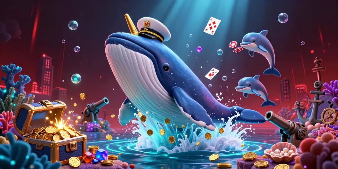 Experience GO88's vibrant gaming world with whale, narwhal, and playful dolphins amidst treasures.