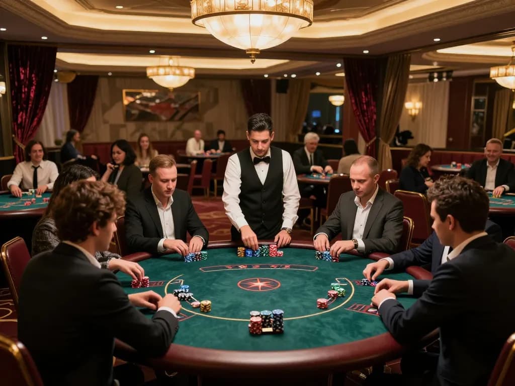 gbong players engaged in high-stakes poker at a luxurious casino table, showcasing intensity and excitement