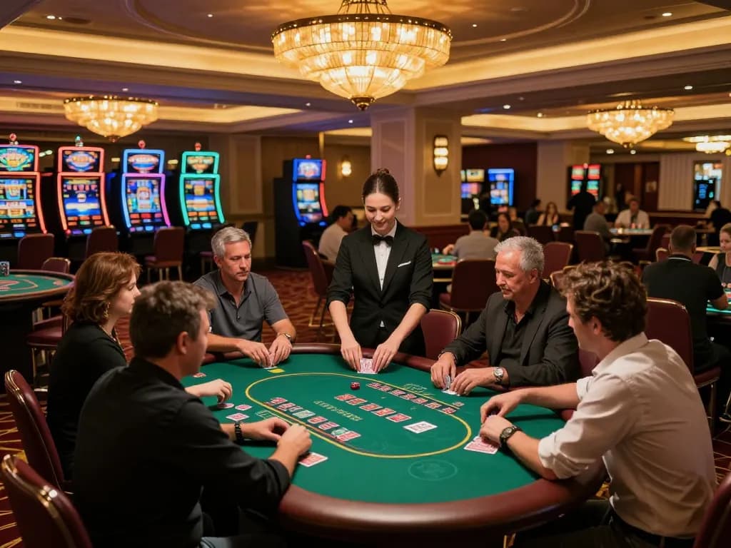 Players enjoy a thrilling poker game at F8BETZ while a dealer reshuffles cards in an upscale casino.
