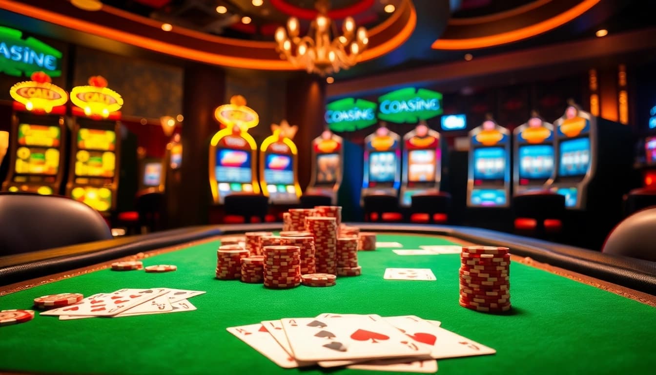 Experience mot chill at an upscale casino with vibrant poker tables and dazzling slot machines.