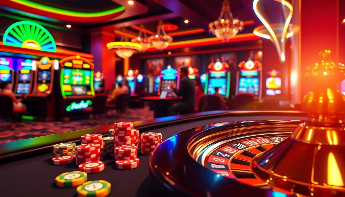 Nohu gaming excitement at a luxurious casino table with vibrant chips and slot machines.