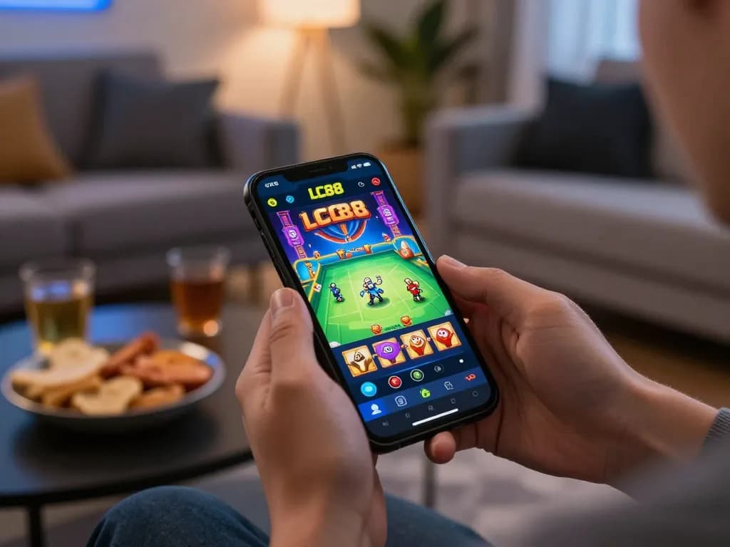 Engaging in LC88 online casino gaming on a smartphone in a cozy home setting.