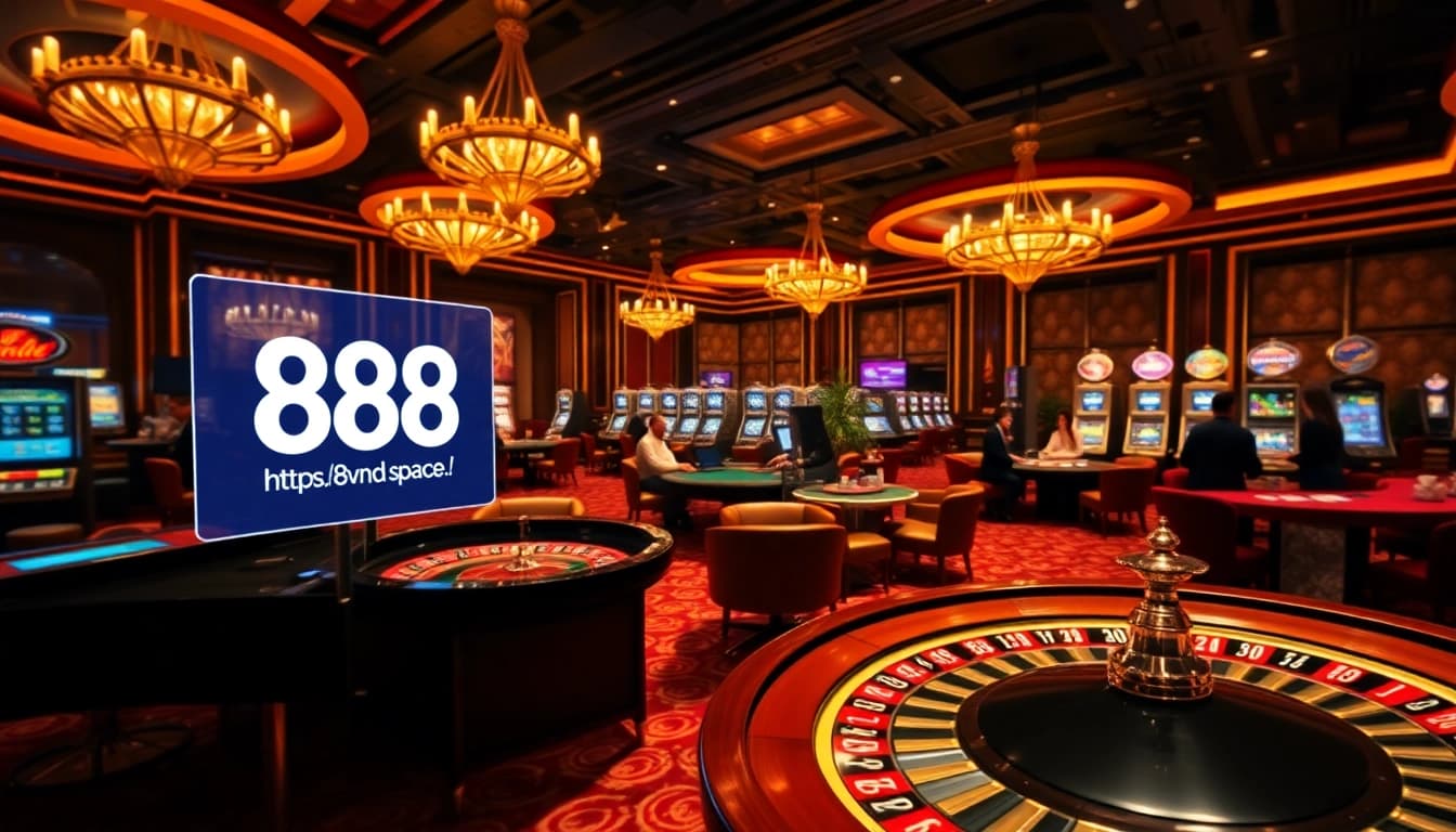 Excited gamblers enjoying luxury gameplay at https://888vnd.space/ in a modern casino atmosphere.