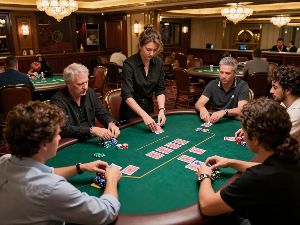 Players strategizing their moves in a thrilling poker game at TR88 casino, vibrant atmosphere and elegant decor