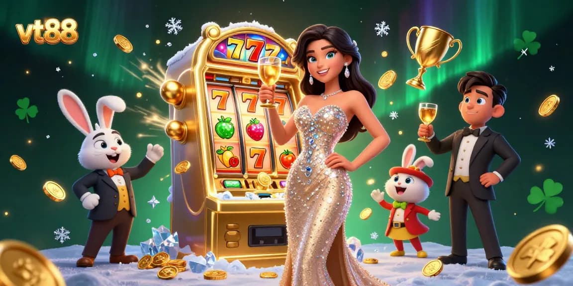 Experience exciting gameplay at vt88 with a glamorous woman celebrating near a jackpot slot machine.