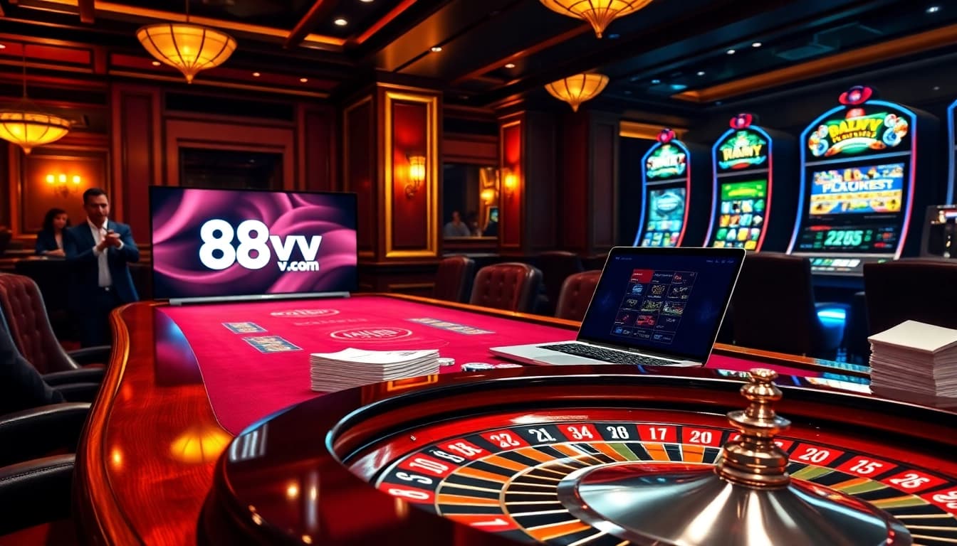 Exciting poker game at 88vv.com casino with vibrant poker chips and modern online interface