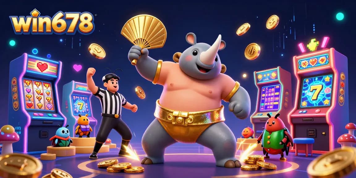 Experience the excitement of win678 with a vibrant casino scene featuring games and champions.