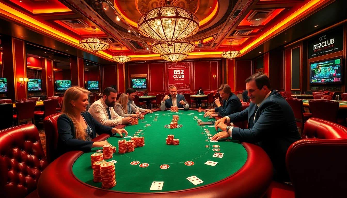 Poker game at B52Club casino with luxurious decor and excited players