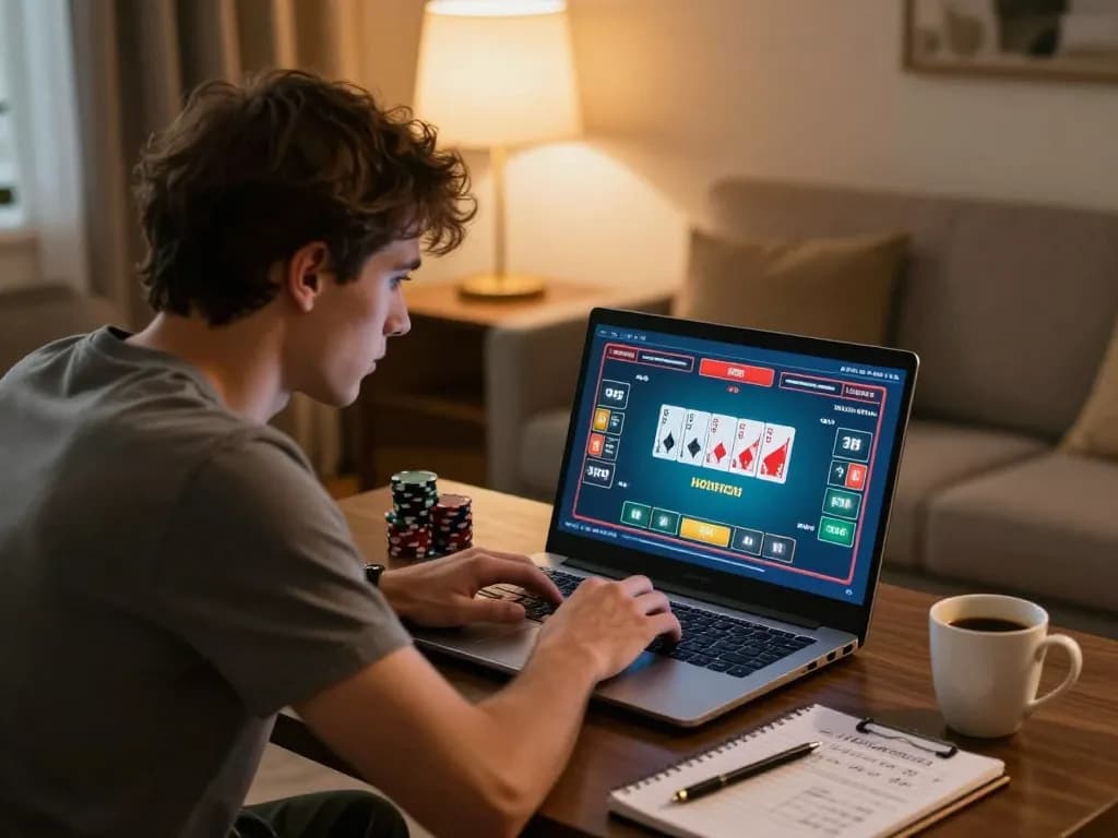 Engaging online poker gameplay at https://9bet.works/ on a cozy home setup with strategy notes and warm ambiance.