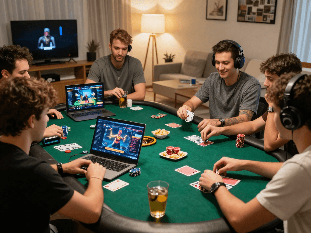 KOMBET168 engaging players in a lively online casino atmosphere with vibrant graphics and social interactions.