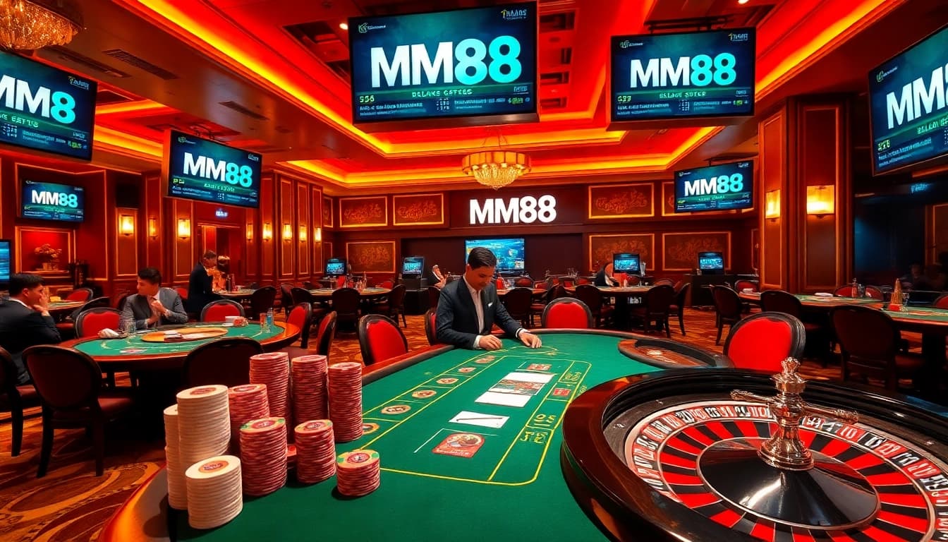 Experience thrilling gaming at MM88 with players at a poker table in a luxurious casino setting.