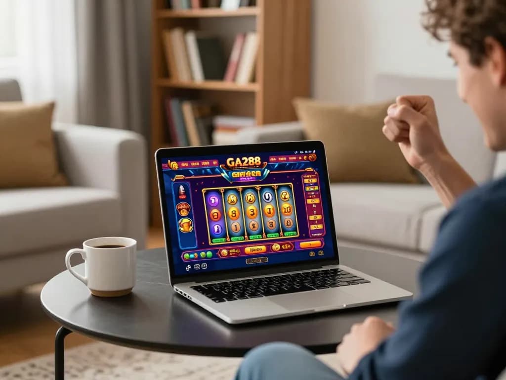 GA288 player celebrating a win while gaming online at home, showcasing vibrant casino app.