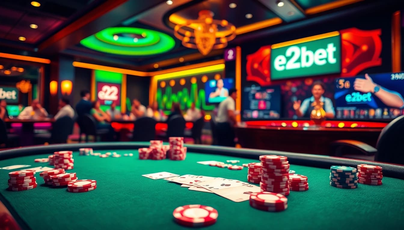 Exciting gaming scene showcasing e2bet's poker table and roulette wheel in a luxurious casino.