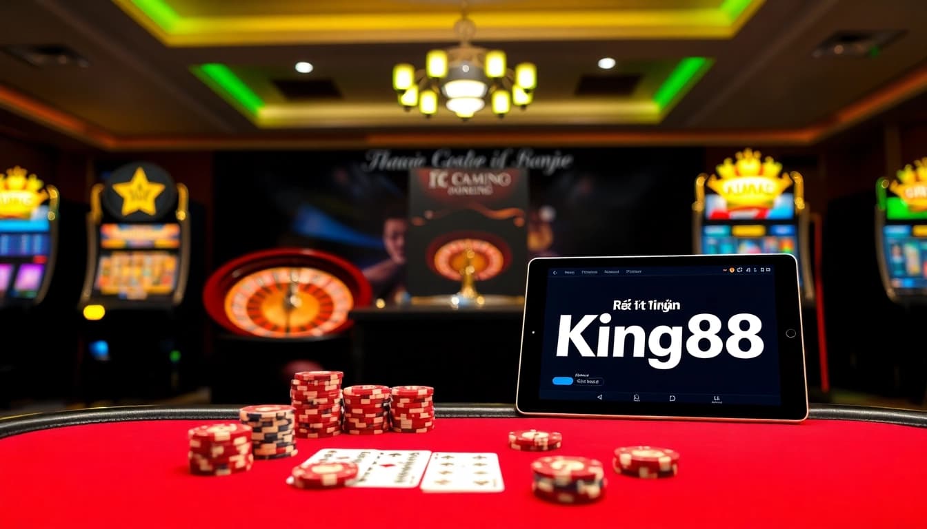 Rút tiền King88 is highlighted on a luxurious casino table featuring poker chips and a spinning roulette wheel.