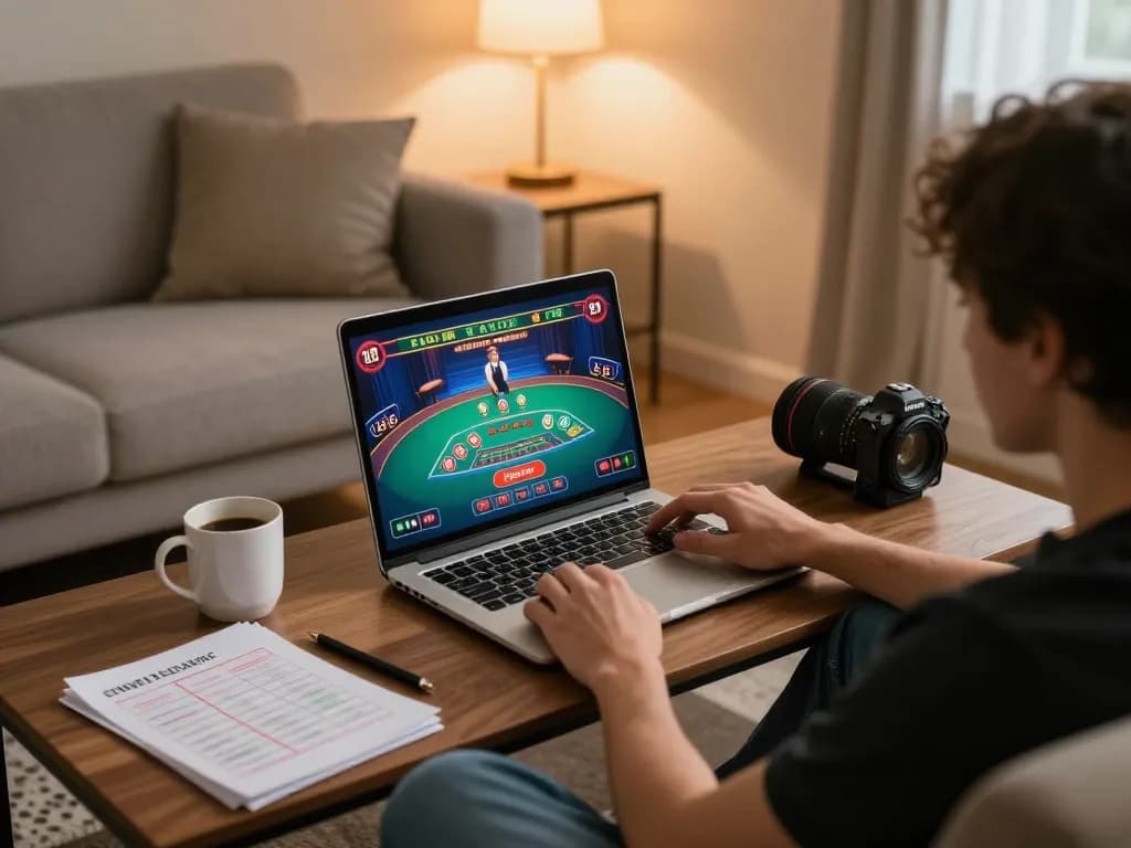 Engaged in online gaming at https://nk88.actor/ with a live dealer on laptop, cozy home setup