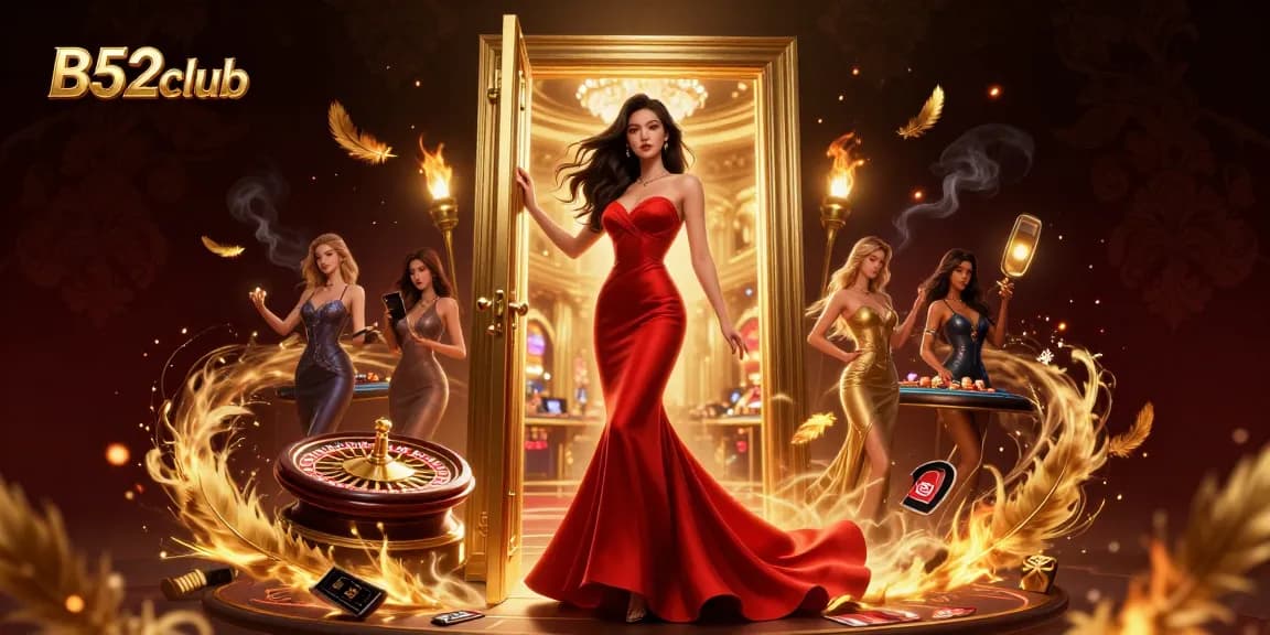B52club showcases an enthralling VIP atmosphere of casino gaming, featuring stunning visuals of a beautiful Asian woman amidst luxury gaming elements.