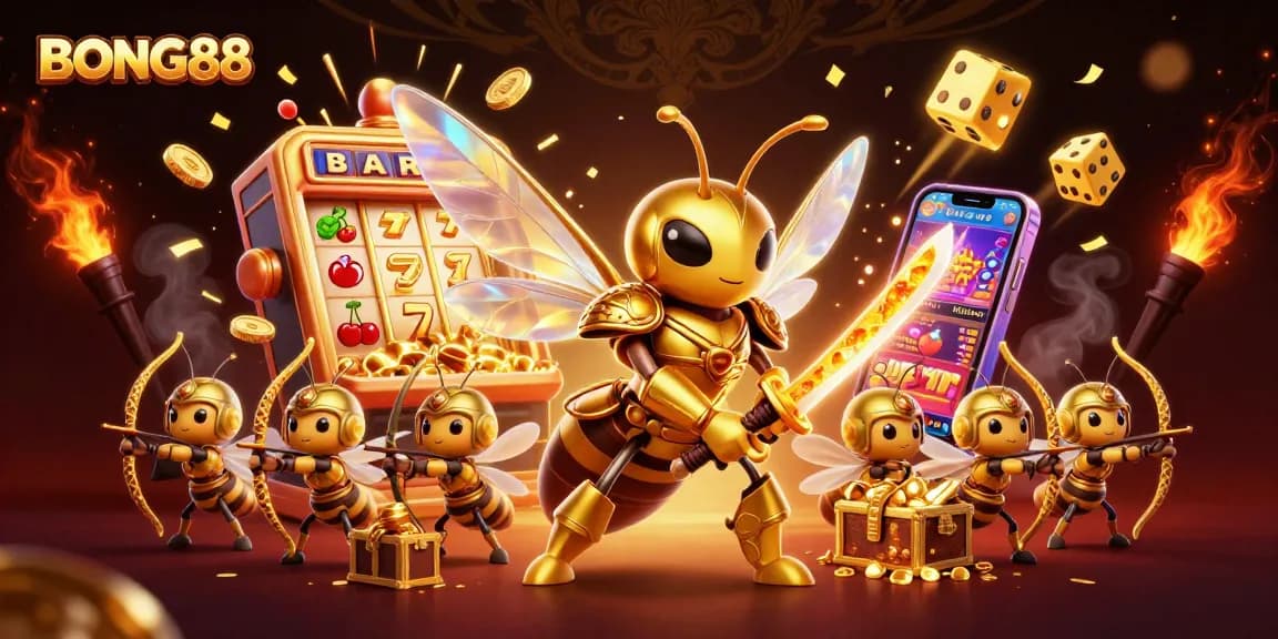 BONG88 showcases a vibrant casino scene with a golden hornet and bee archers amidst jackpot explosions and colorful gaming elements.