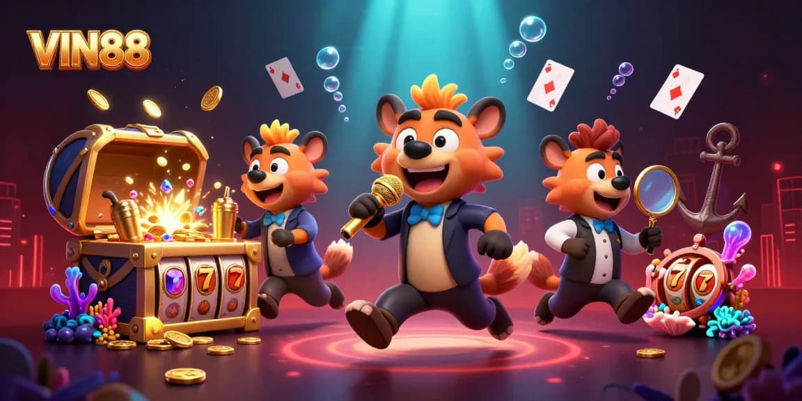 VIN88 showcases a vibrant casino scene with cartoon hyenas in a comedy club setting, engaging in playful antics.