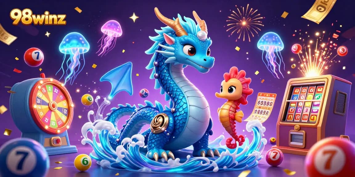98winz showcases a vibrant online gambling scene with an azure dragon, seahorse knight, and dynamic lottery elements.