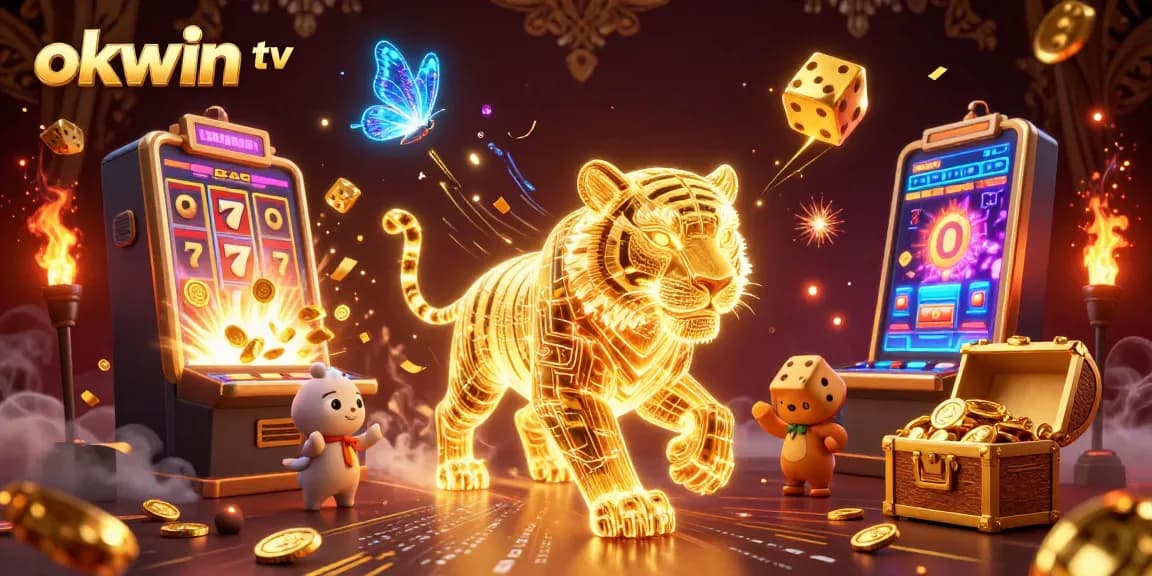 Join the action at okwin tv with a neon golden tiger amidst a vibrant casino scene full of jackpots.