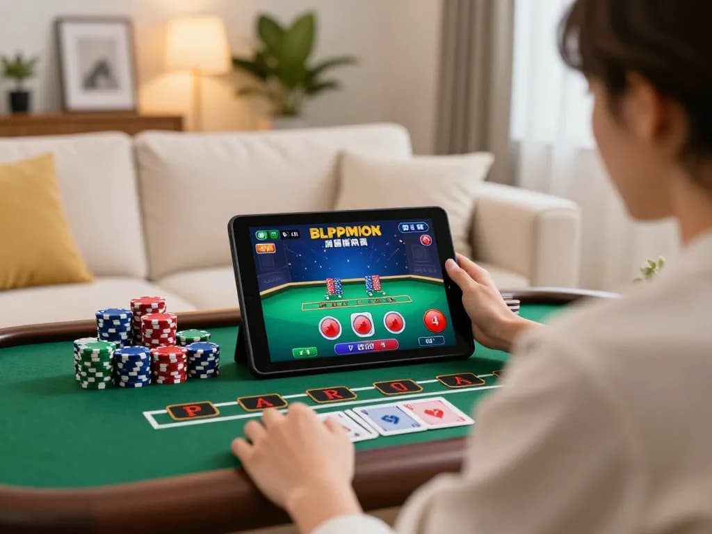 Engaging in SC88 online casino blackjack game on tablet, showcasing vibrant chips and cards