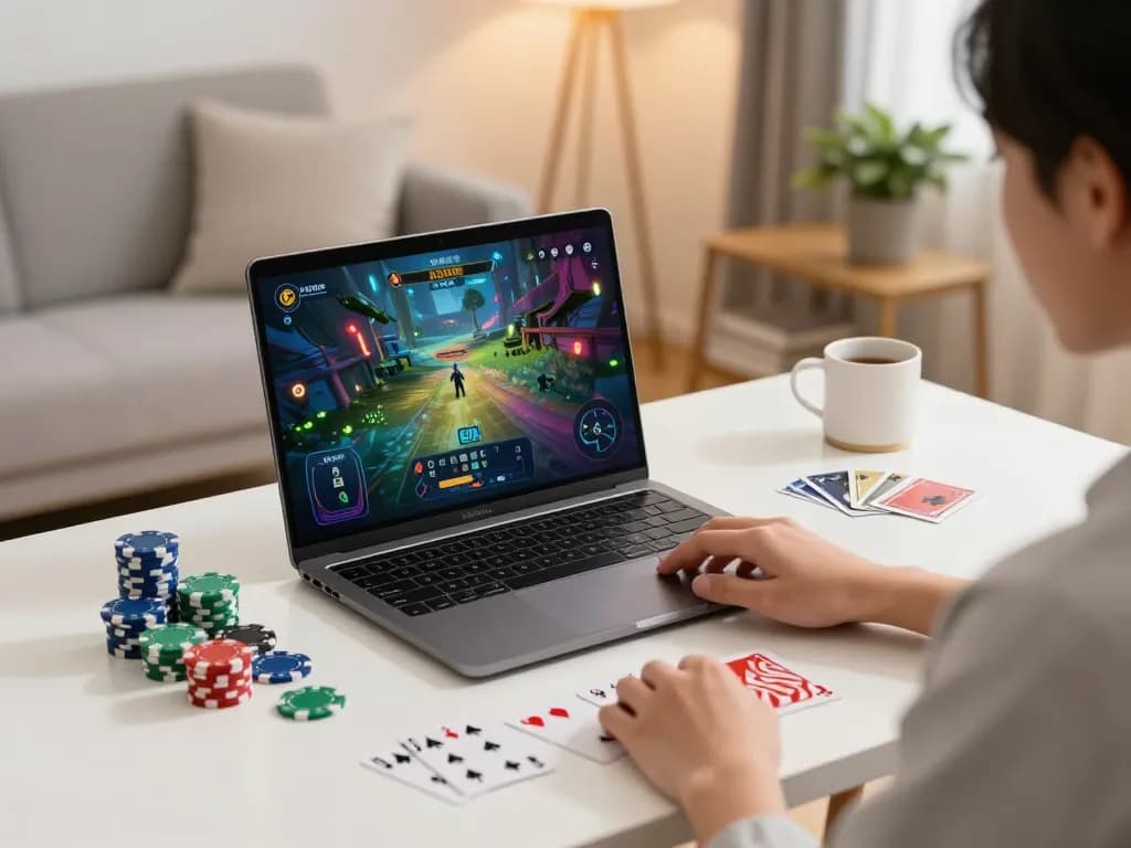 Experience KO66 ONLINE gameplay in a cozy home setting with vibrant poker chips and cards