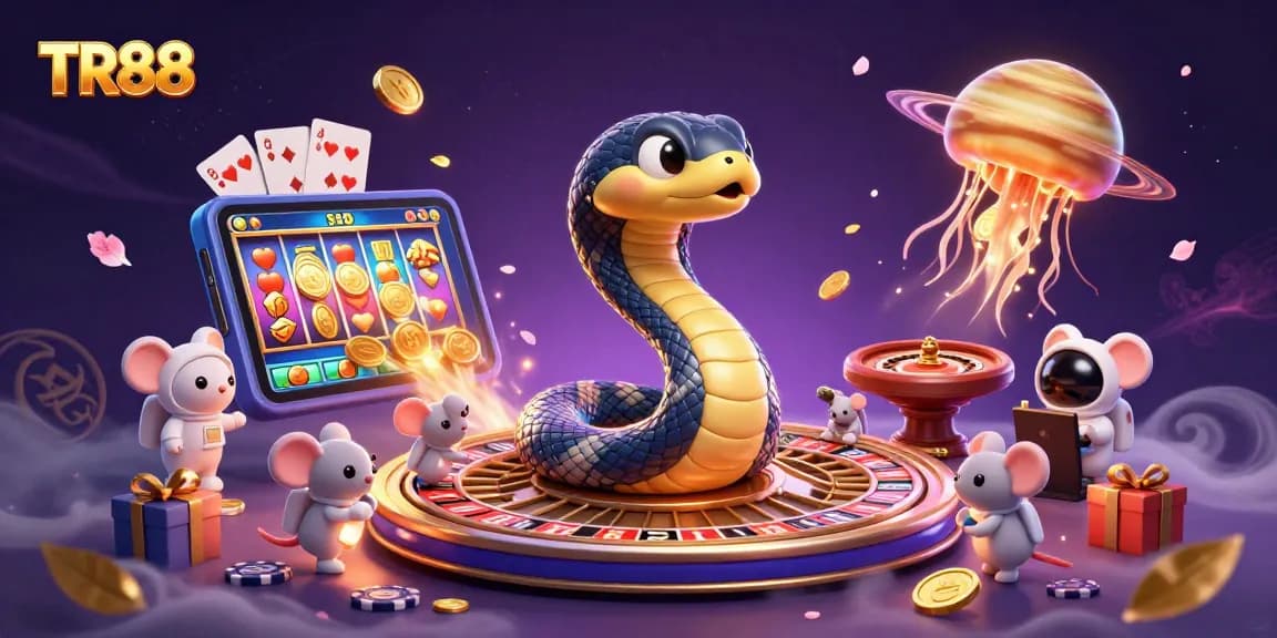 Engage in TR88 with vibrant gaming elements and cosmic characters for a thrilling gambling experience.