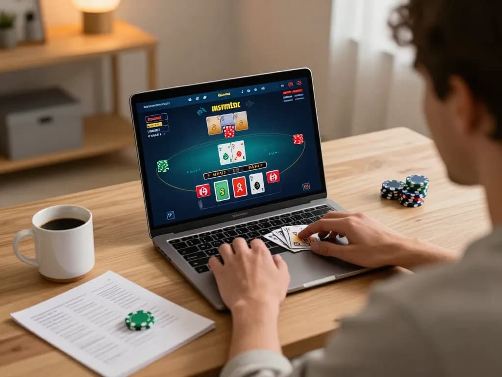 Player interacting with 789club live dealer blackjack game on laptop, cozy home setup.