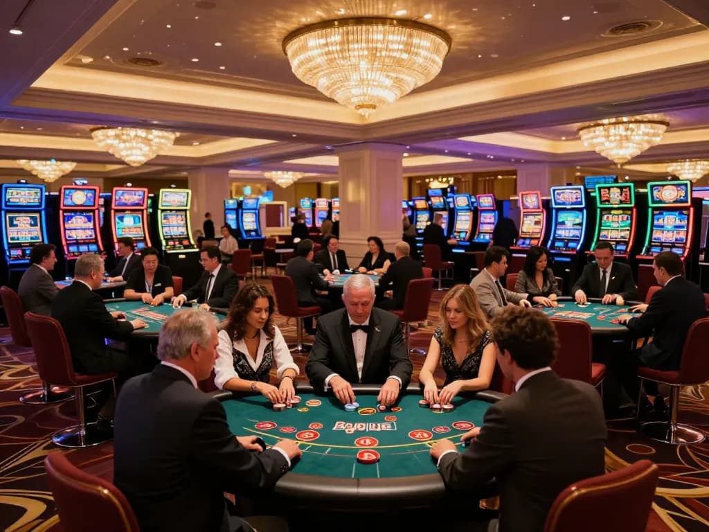Experience the thrill of winning at sin888 with players engaged in blackjack games amidst a luxurious casino.