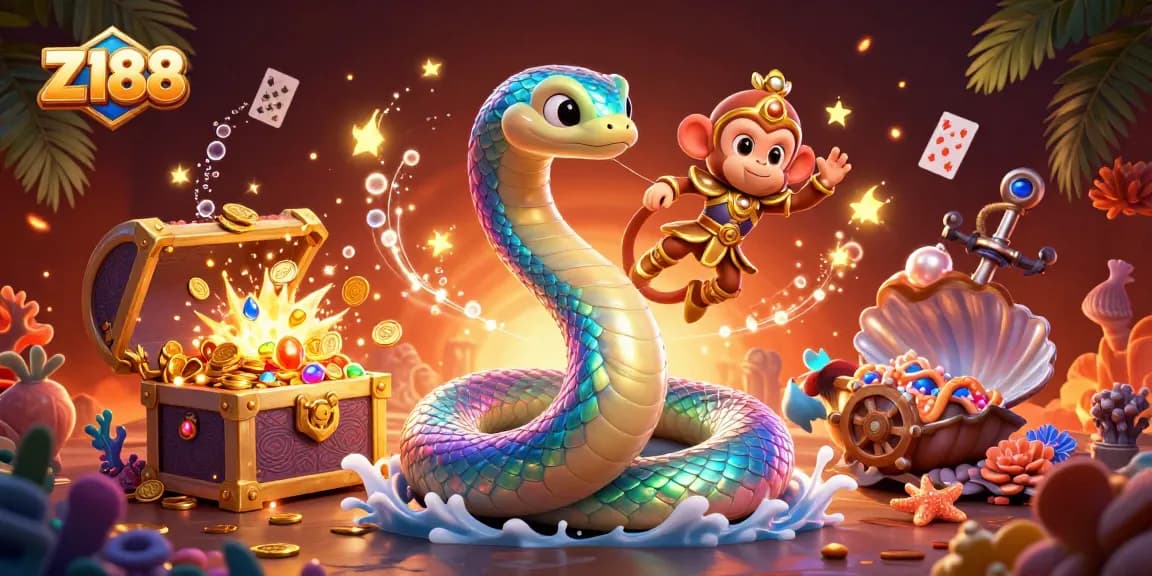 Experience the thrilling Z188 gaming adventure with an enchanting rainbow serpent and playful monkey king.