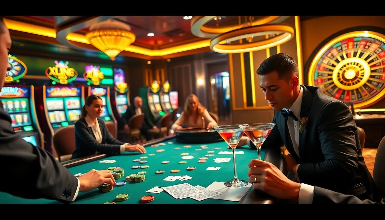 Players enjoy intense gameplay at the XX88 casino poker table, surrounded by vibrant slot machines.