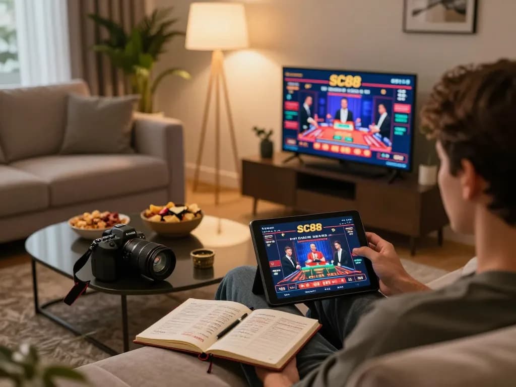 Player engaging with SC88 casino on a tablet, showcasing strategy and excitement in a cozy home atmosphere.
