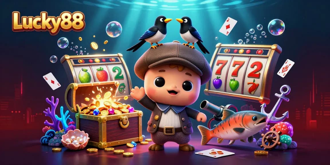 Lucky88 spins the reels with a playful Nessie and her gold-hungry magpie amidst a colorful casino scene.