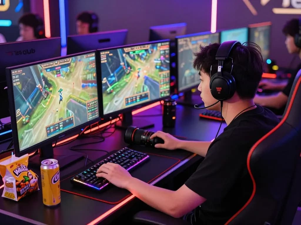 Gamer enjoying action-packed gameplay on 789club platform with vibrant LED lights and gaming setup.