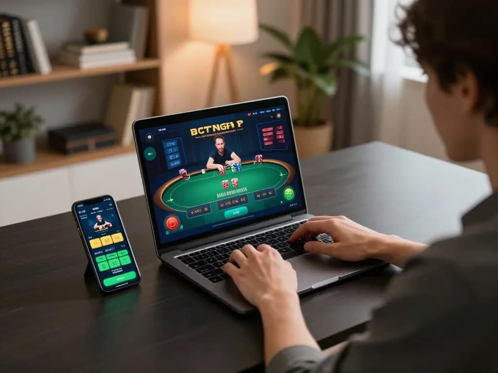 Engaging in online poker on a laptop while managing incakoin betting app, showcasing strategic gameplay