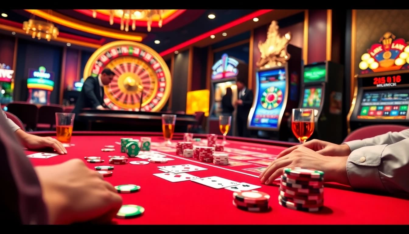 Experience lively gameplay at https://n188.bid/ with vibrant casino tables, colorful chips, and a spinning roulette wheel.