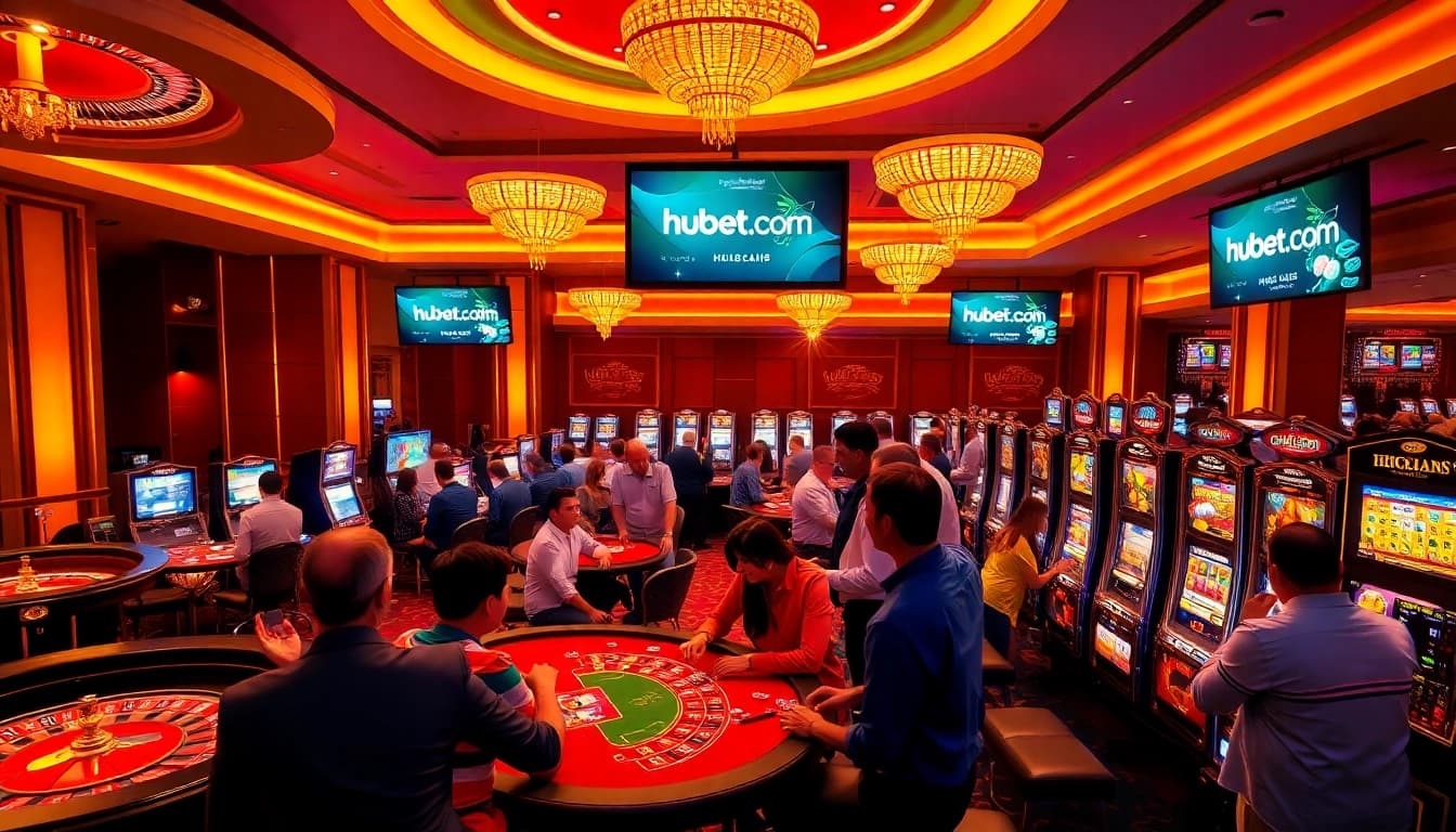 Players enjoying games at hubet.com casino, celebrating wins with poker chips and excitement.