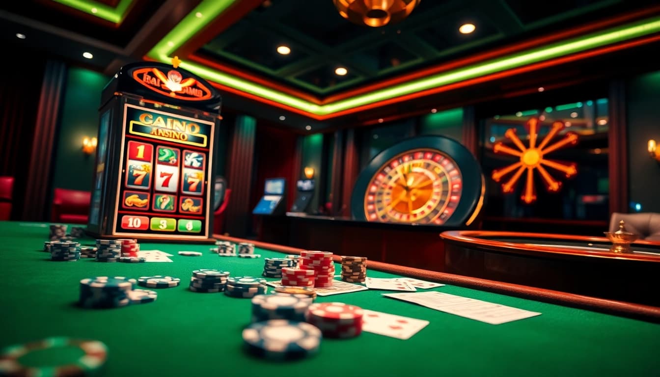 The thrilling ambiance of nohu.com showcases an exciting casino experience with slot machines and chips.